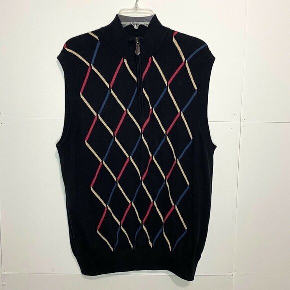 St. Andrews Of Scotland Mens Sz Large Black Diamond Knit 1/4 Zip Golf Vest - Picture 1 of 6